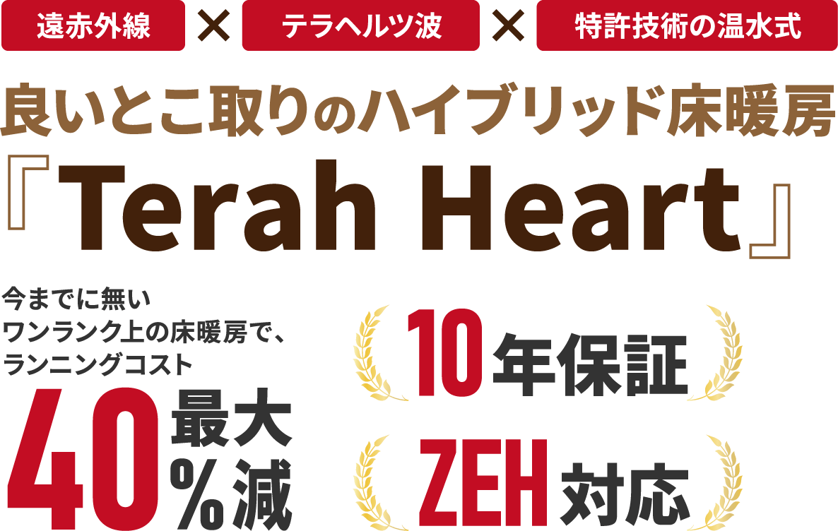 遠赤外線×テラヘルツ波×特許技術の温水式 良いとこ取りのハイブリッド床暖房『Terah Heart』今までに無いワンランク上の床暖房で、ランニングコスト 40%最大減 10年保証 ZEH対応