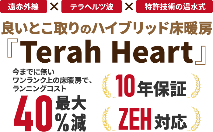 遠赤外線×テラヘルツ波×特許技術の温水式 良いとこ取りのハイブリッド床暖房『Terah Heart』今までに無いワンランク上の床暖房で、ランニングコスト 40%最大減 10年保証 ZEH対応